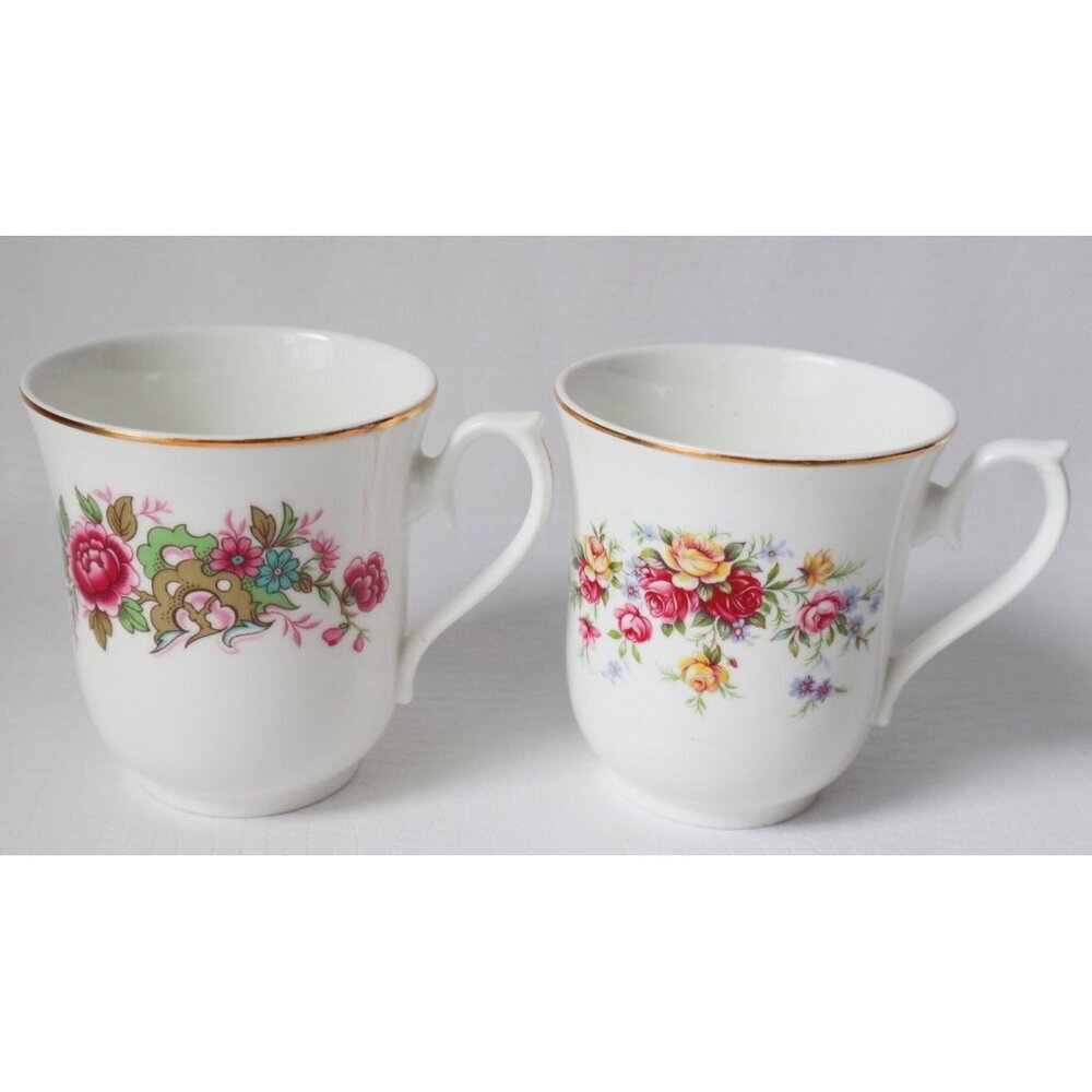 2 Vintage Queen Anne Mugs Porcelain Floral Design